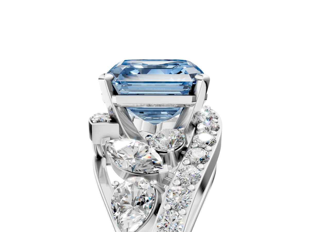 Fancy Blue Asscher Cut Diamond Halo Ring in Silver with Marquise and Pavé Band in Prong Setting_17