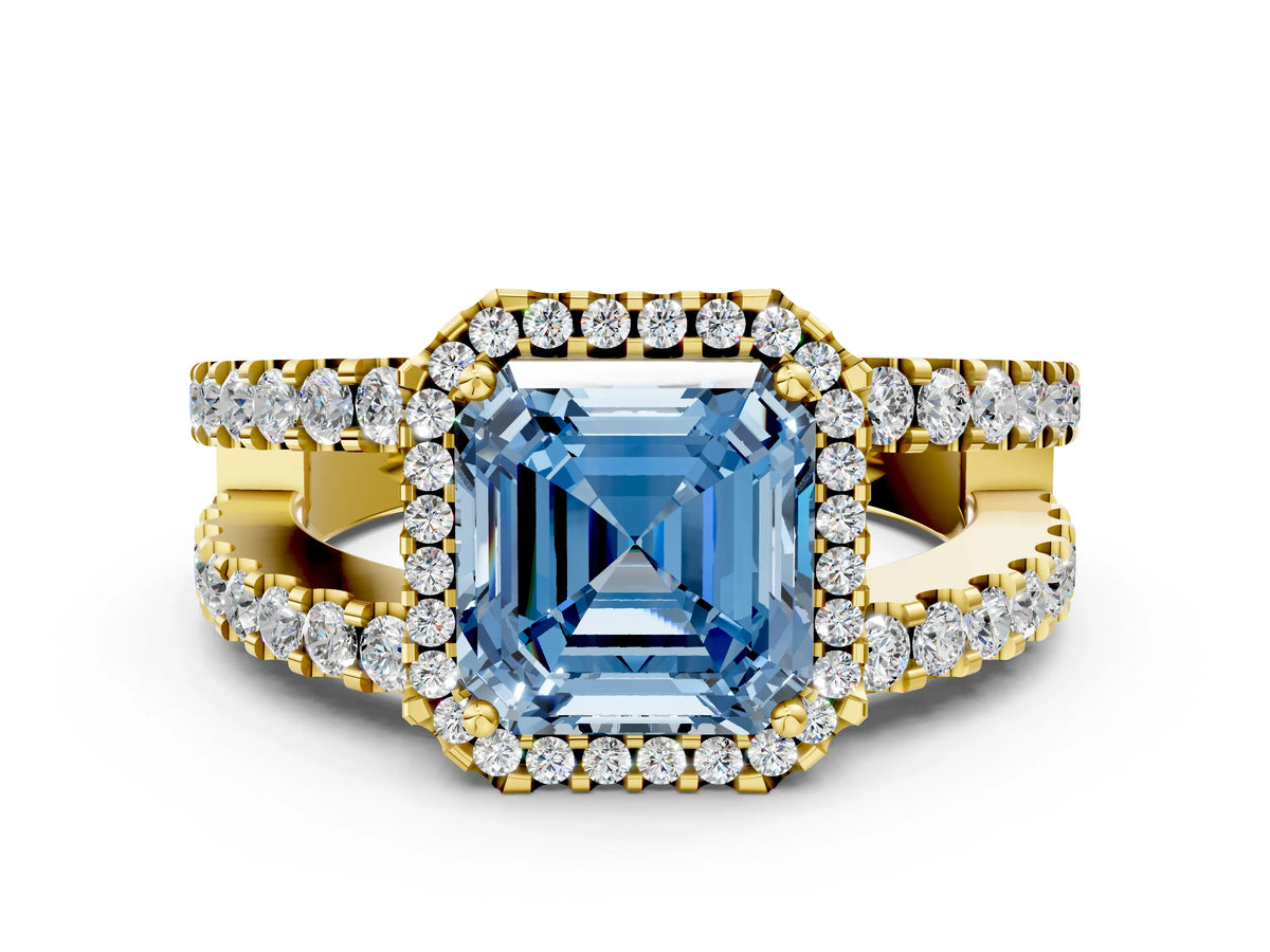 Fancy Blue Asscher Cut Diamond Halo Ring in Yellow gold with Split Shank Band and Prong Setting