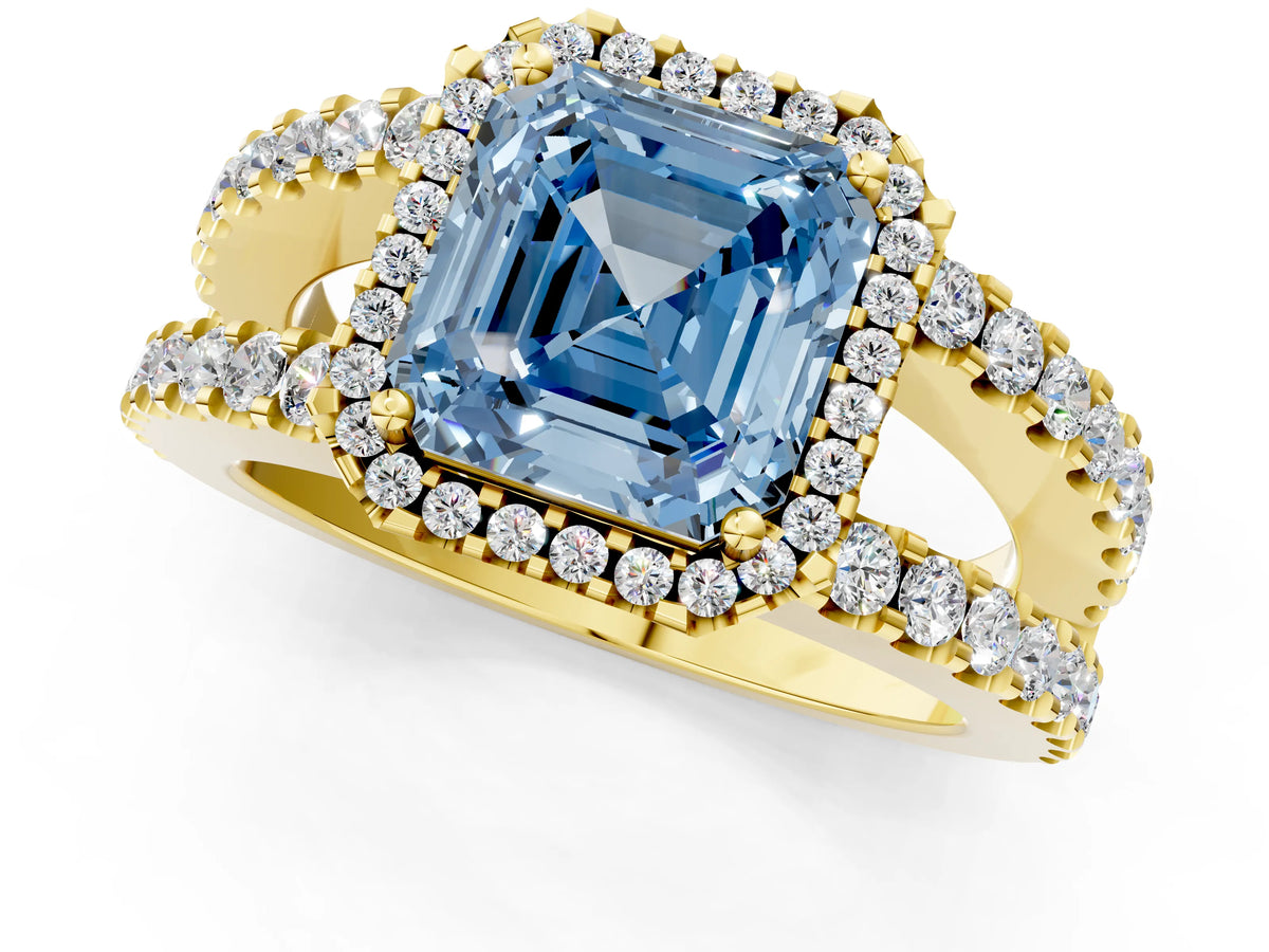 Fancy Blue Asscher Cut Diamond Halo Ring in Yellow gold with Split Shank Band and Prong Setting_1