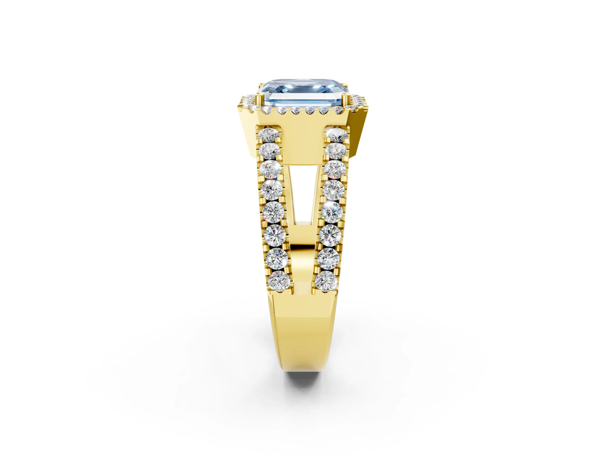 Fancy Blue Asscher Cut Diamond Halo Ring in Yellow gold with Split Shank Band and Prong Setting_2