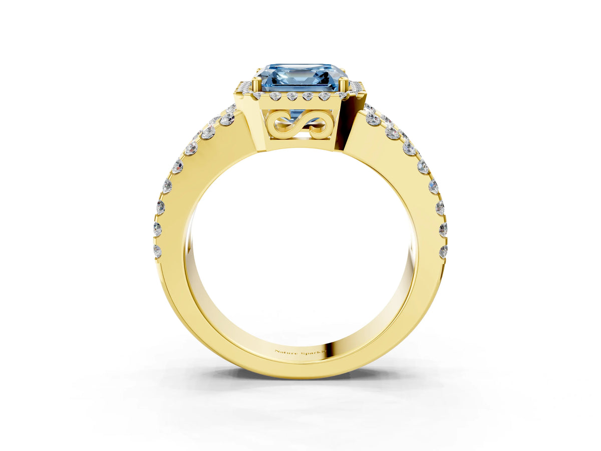 Fancy Blue Asscher Cut Diamond Halo Ring in Yellow gold with Split Shank Band and Prong Setting_3