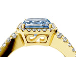 Fancy Blue Asscher Cut Diamond Halo Ring in Yellow gold with Split Shank Band and Prong Setting_4