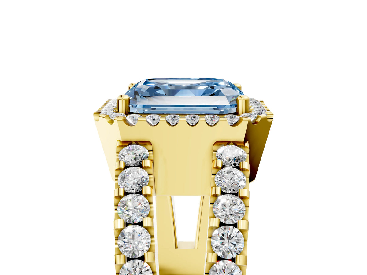 Fancy Blue Asscher Cut Diamond Halo Ring in Yellow gold with Split Shank Band and Prong Setting_5