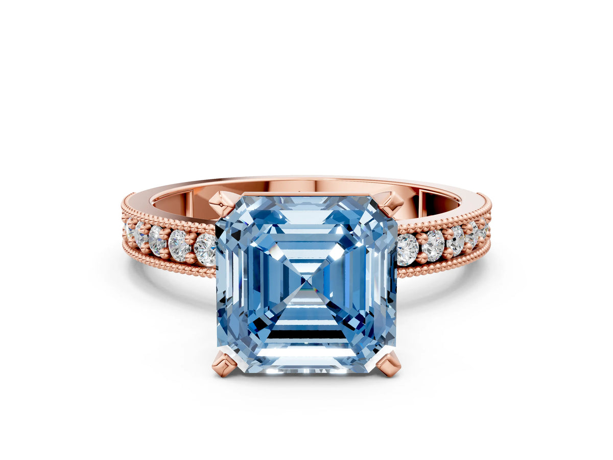 Fancy Blue Asscher Cut Diamond Milgrain Pavé Engagement Ring in Rose gold with Prong Setting