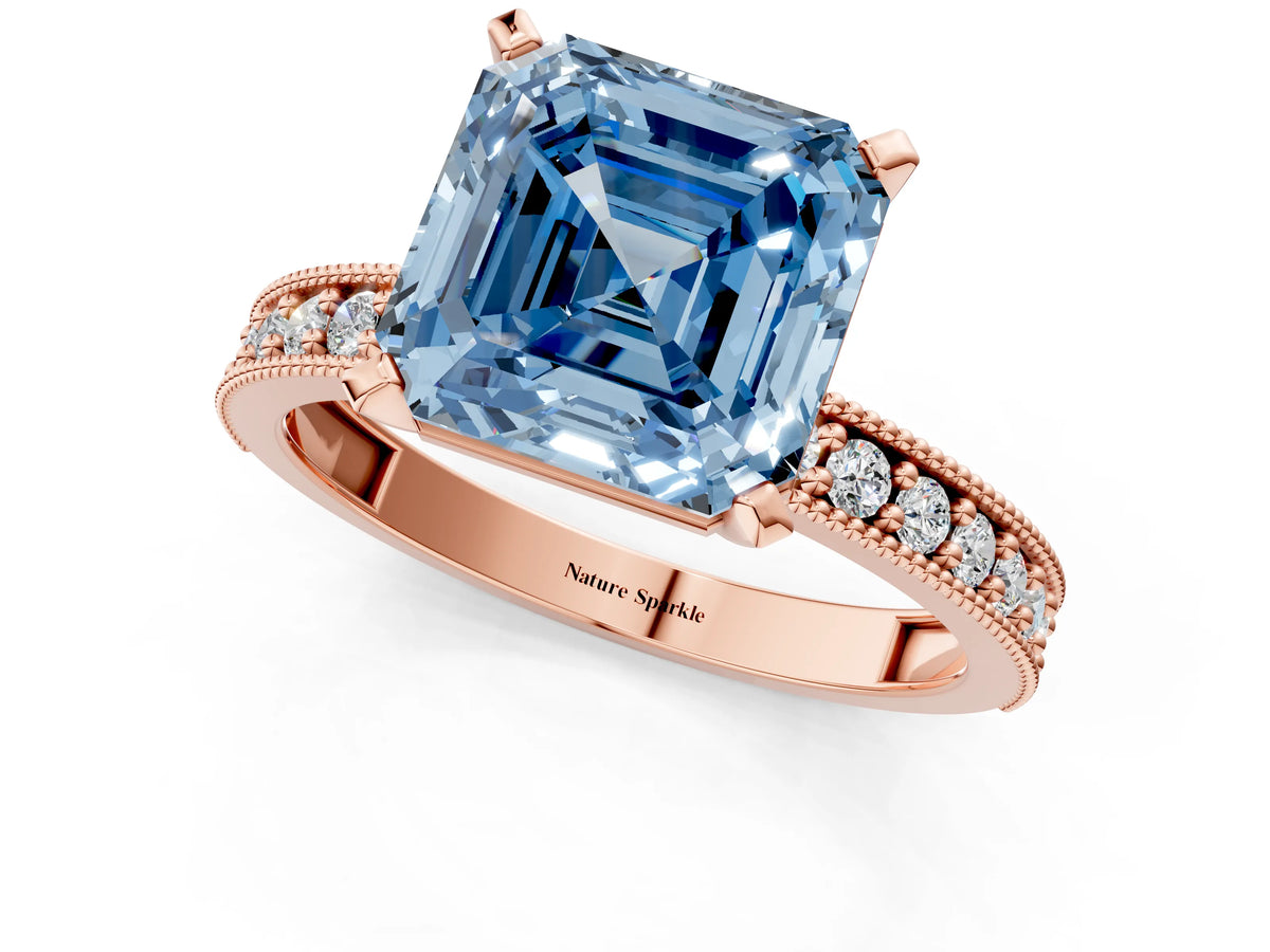 Fancy Blue Asscher Cut Diamond Milgrain Pavé Engagement Ring in Rose gold with Prong Setting_1