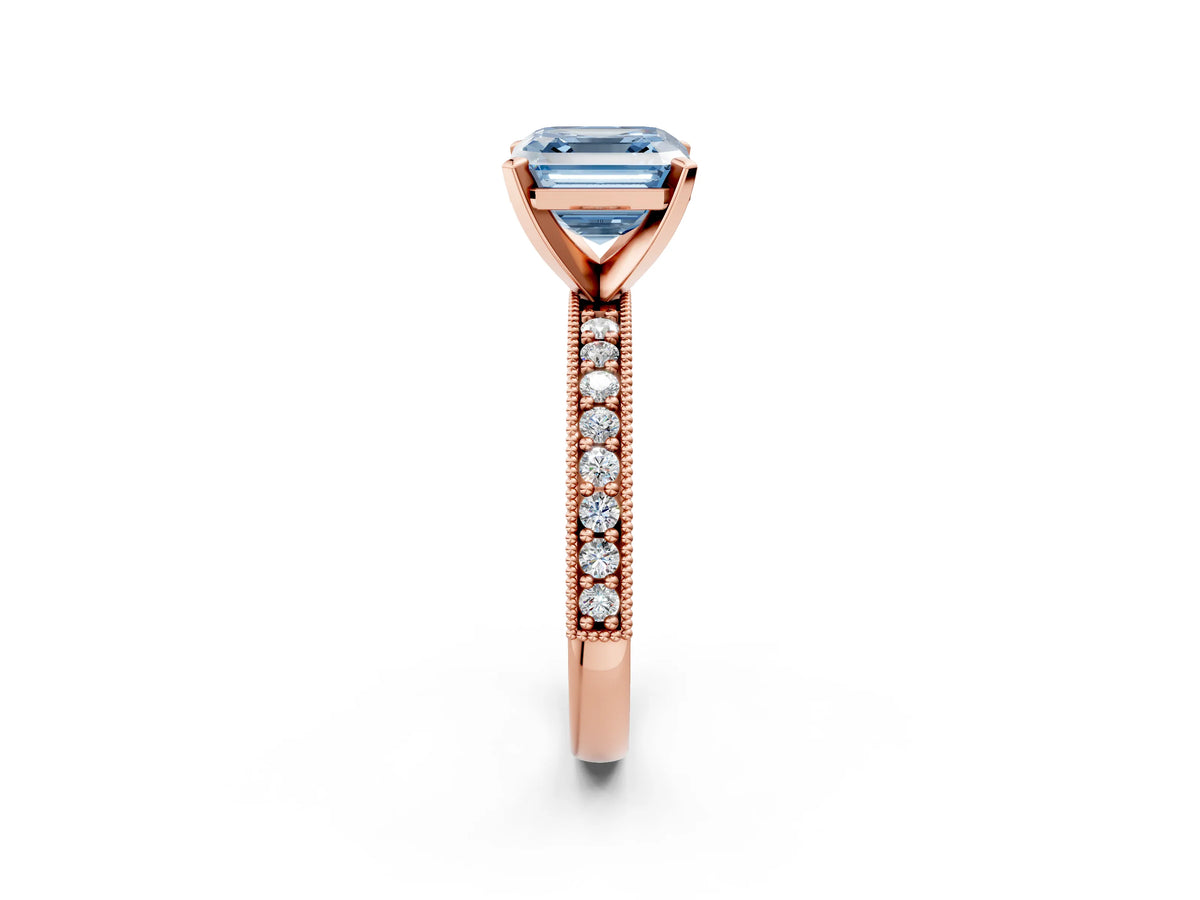Fancy Blue Asscher Cut Diamond Milgrain Pavé Engagement Ring in Rose gold with Prong Setting_2