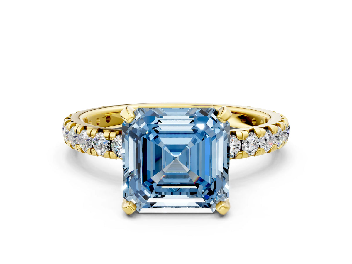 Fancy Blue Asscher Cut Diamond Pavé Solitaire Ring in Yellow gold with Round Pavé Band and Prong Setting