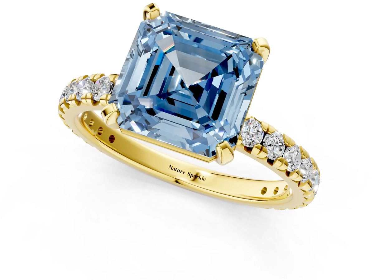 Fancy Blue Asscher Cut Diamond Pavé Solitaire Ring in Yellow gold with Round Pavé Band and Prong Setting_1