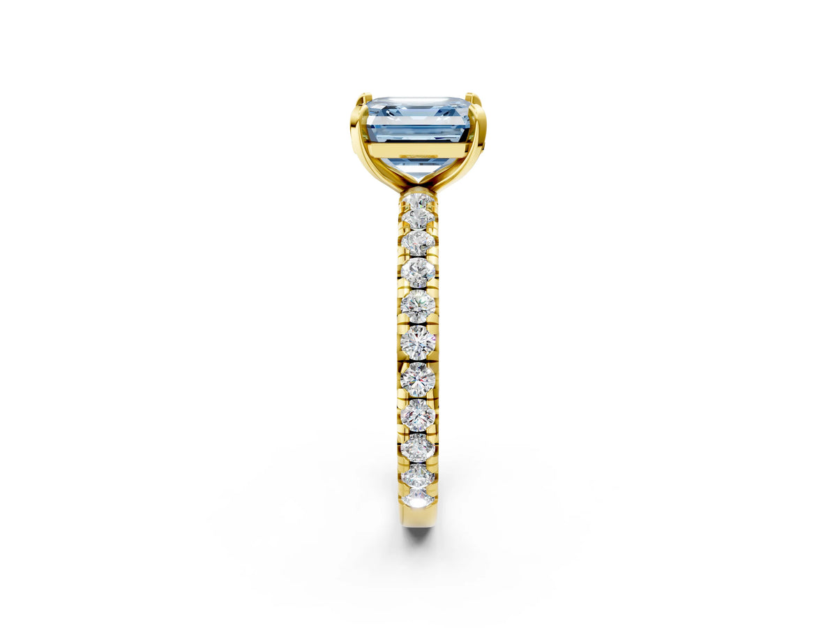 Fancy Blue Asscher Cut Diamond Pavé Solitaire Ring in Yellow gold with Round Pavé Band and Prong Setting_2