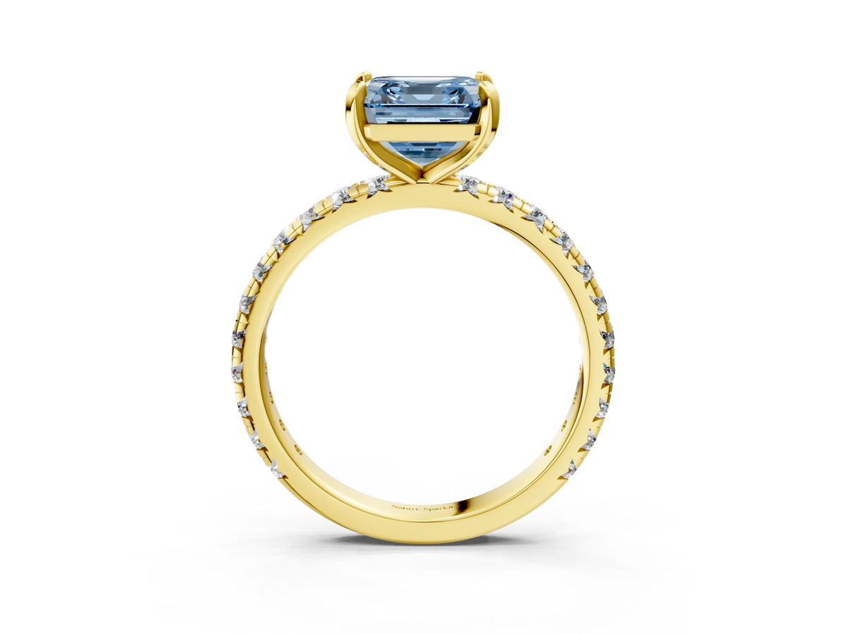 Fancy Blue Asscher Cut Diamond Pavé Solitaire Ring in Yellow gold with Round Pavé Band and Prong Setting_3