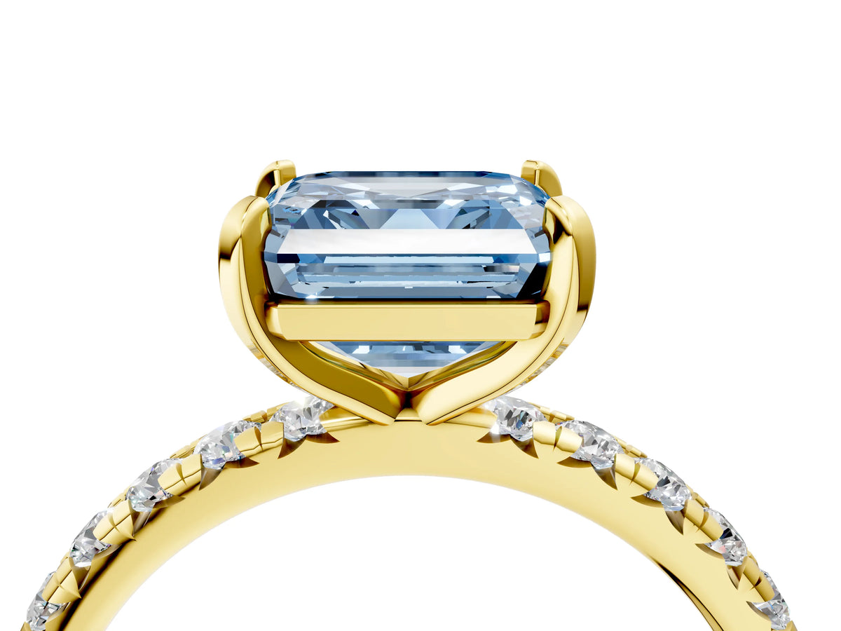 Fancy Blue Asscher Cut Diamond Pavé Solitaire Ring in Yellow gold with Round Pavé Band and Prong Setting_4