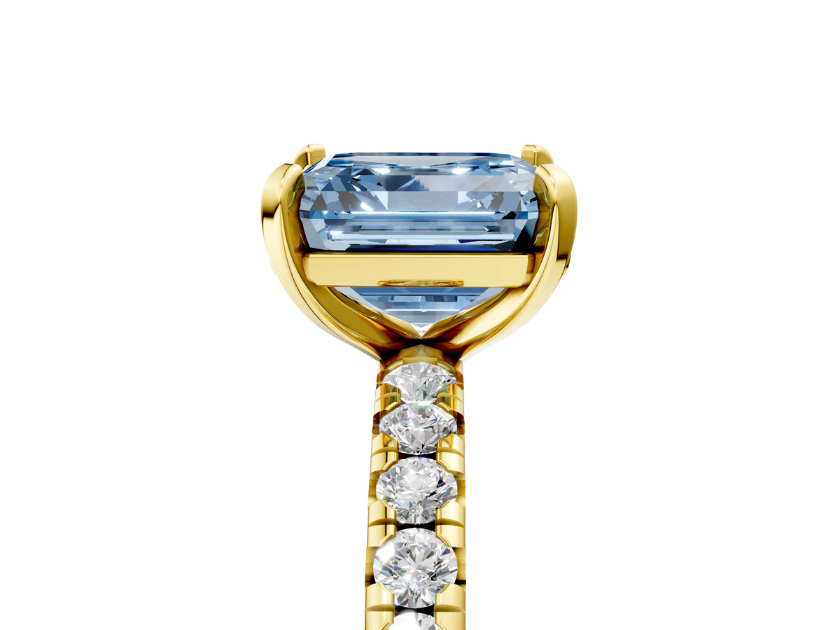 Fancy Blue Asscher Cut Diamond Pavé Solitaire Ring in Yellow gold with Round Pavé Band and Prong Setting_5