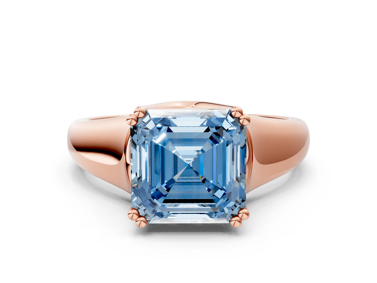 Fancy Blue Asscher Cut Diamond Solitaire Ring in Rose gold with Smooth Wide Band and Prong Setting