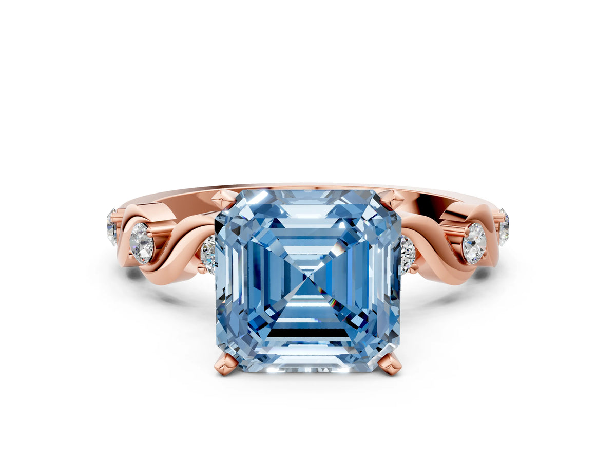 Fancy Blue Asscher Cut Diamond Solitaire Ring in Rose gold with Twisted Ribbon Band and Round Accents