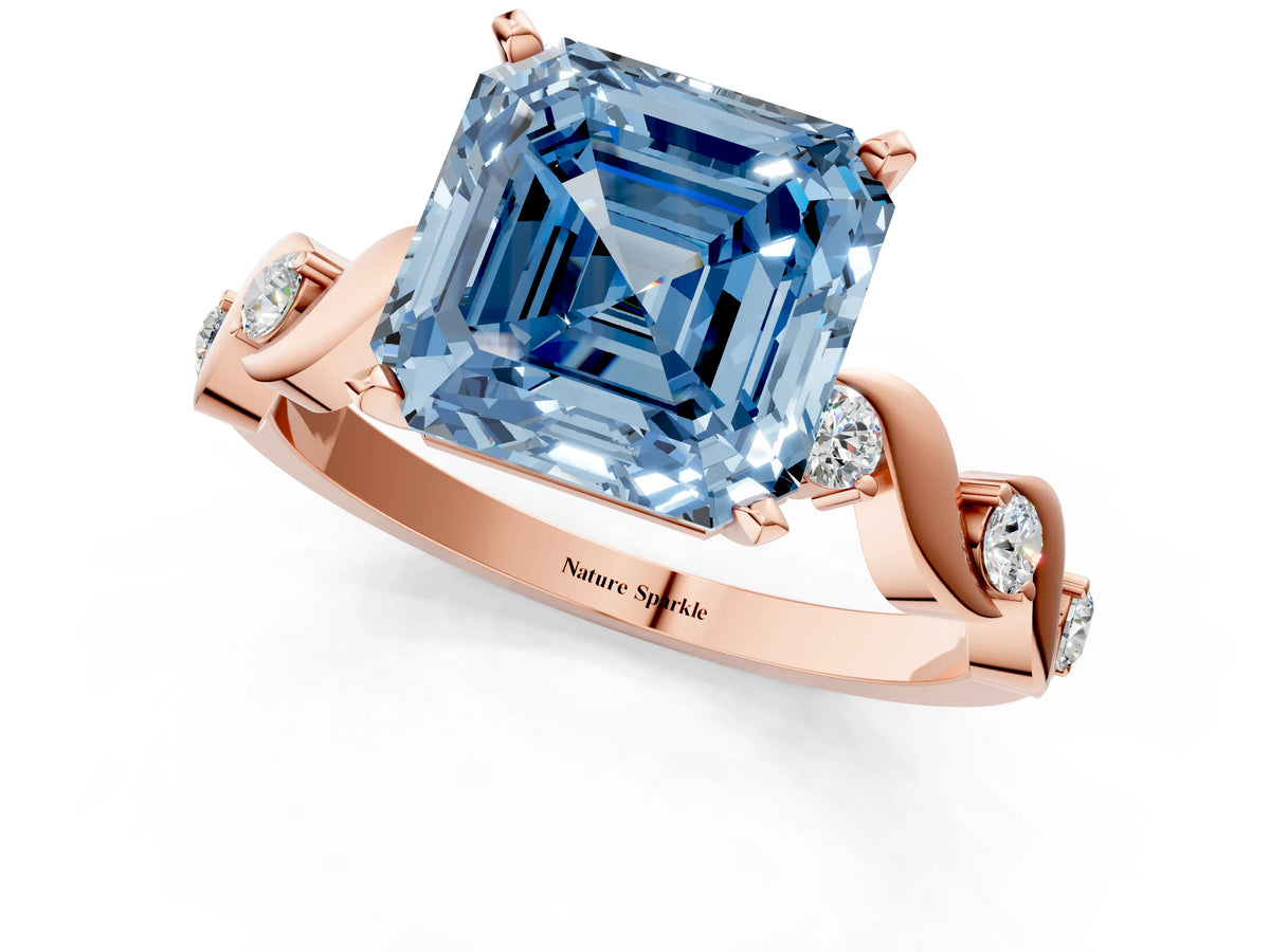 Fancy Blue Asscher Cut Diamond Solitaire Ring in Rose gold with Twisted Ribbon Band and Round Accents_1