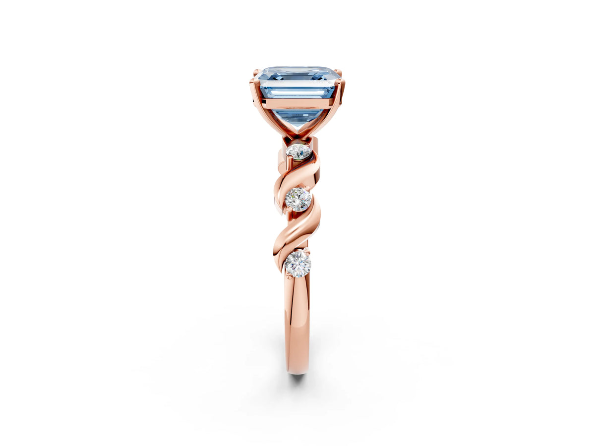 Fancy Blue Asscher Cut Diamond Solitaire Ring in Rose gold with Twisted Ribbon Band and Round Accents_2
