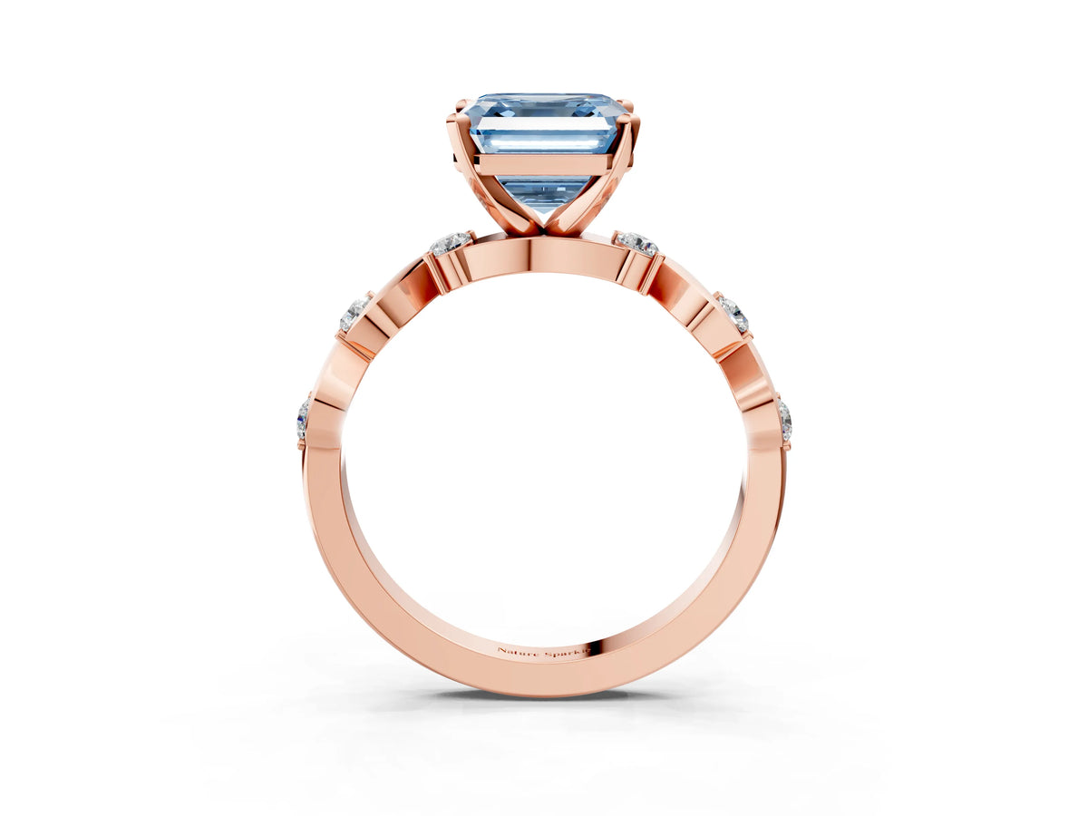 Fancy Blue Asscher Cut Diamond Solitaire Ring in Rose gold with Twisted Ribbon Band and Round Accents_3