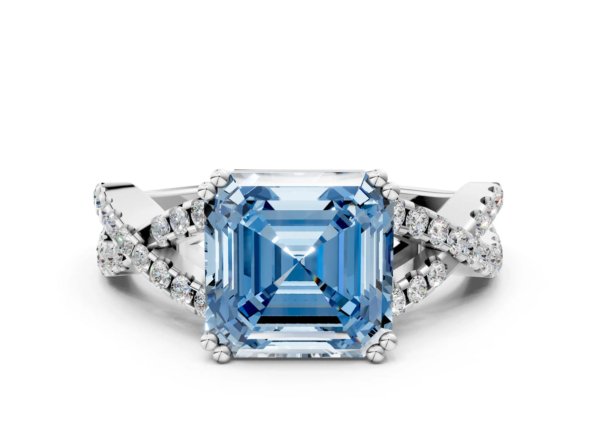 Fancy Blue Asscher Cut Diamond Solitaire Ring in Silver with Interwoven Pavé Band and Prong Setting_6