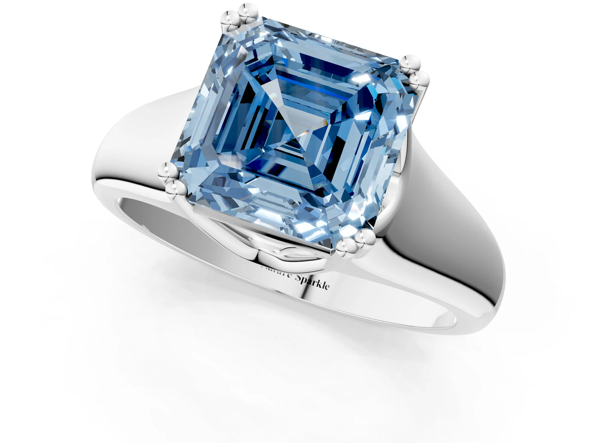 Fancy Blue Asscher Cut Diamond Solitaire Ring in Silver with Smooth Wide Band and Prong Setting_7