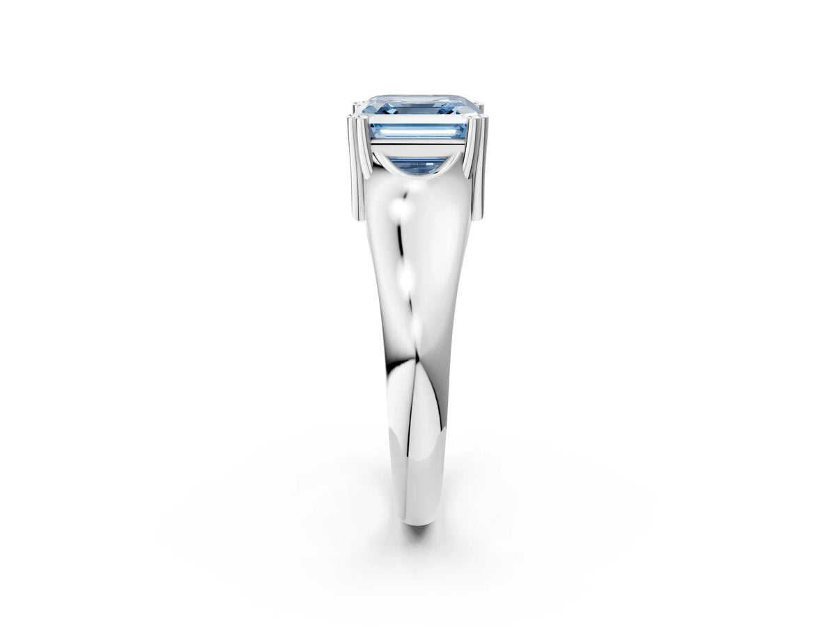 Fancy Blue Asscher Cut Diamond Solitaire Ring in Silver with Smooth Wide Band and Prong Setting_8