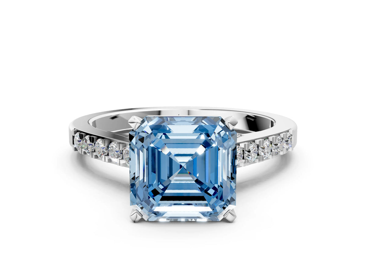 Fancy Blue Asscher Cut Diamond Solitaire Ring in White gold with Crossover Gallery and Round Pavé Band