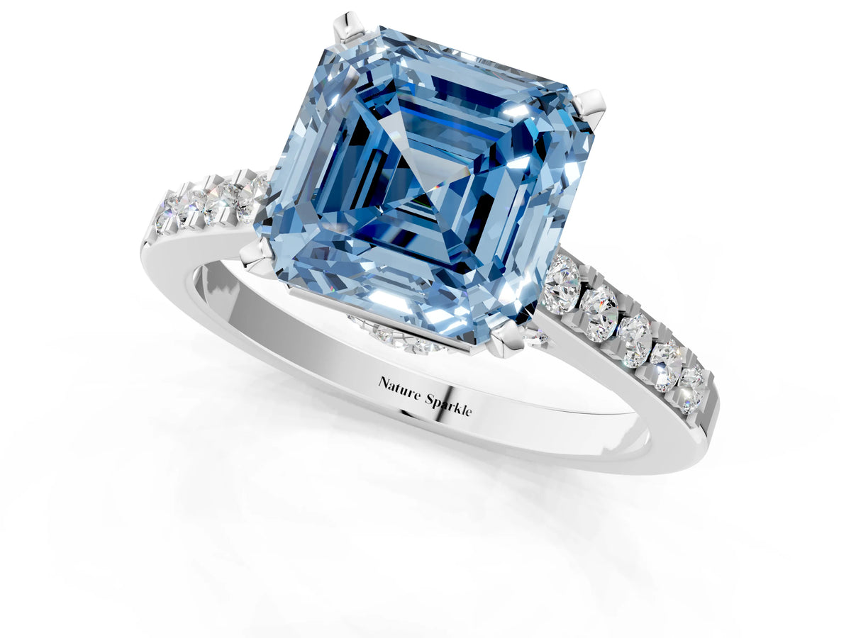 Fancy Blue Asscher Cut Diamond Solitaire Ring in White gold with Crossover Gallery and Round Pavé Band_1