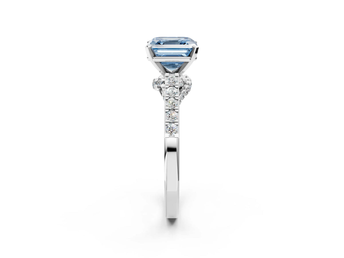 Fancy Blue Asscher Cut Diamond Solitaire Ring in White gold with Crossover Gallery and Round Pavé Band_2
