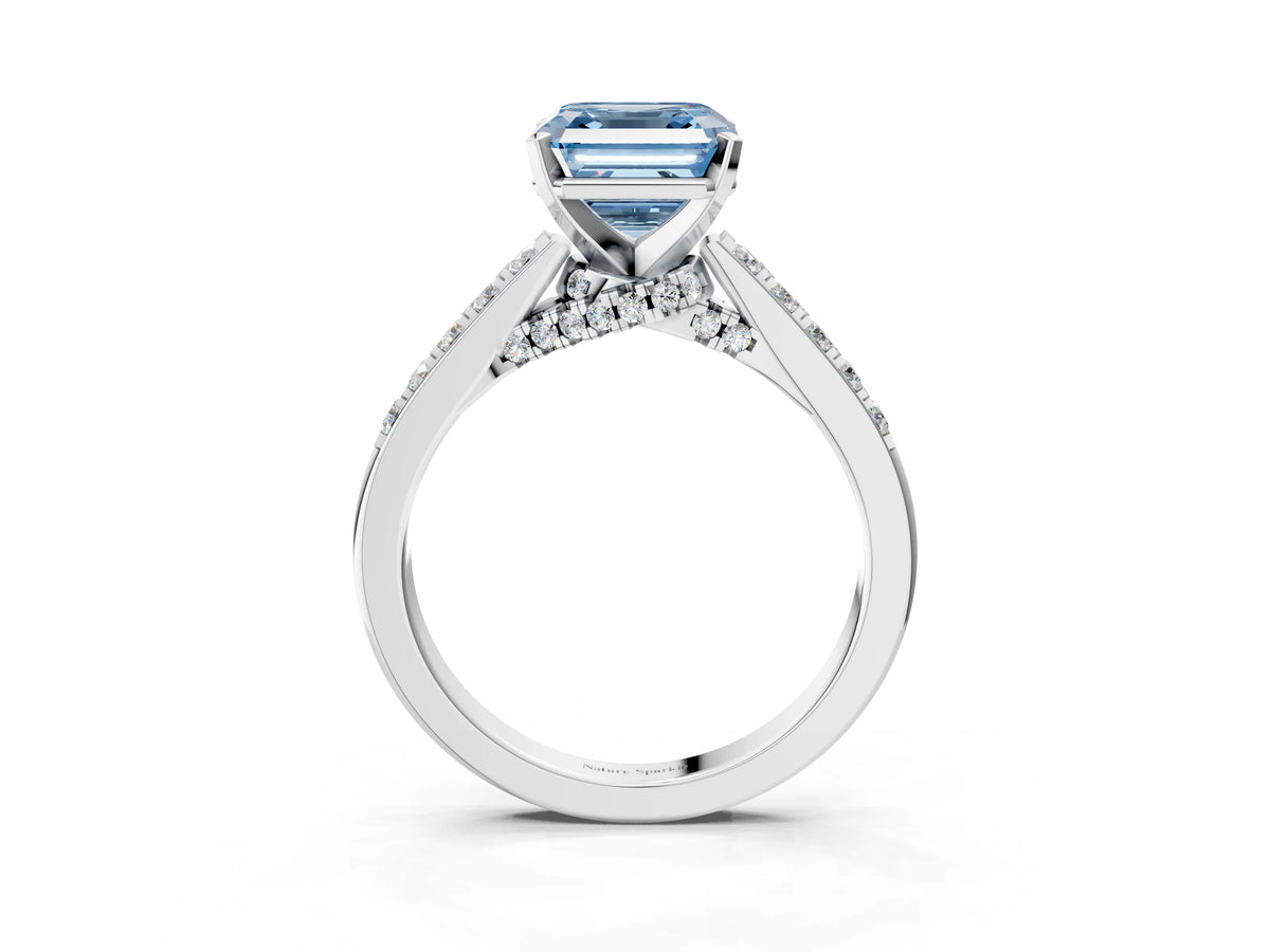 Fancy Blue Asscher Cut Diamond Solitaire Ring in White gold with Crossover Gallery and Round Pavé Band_3