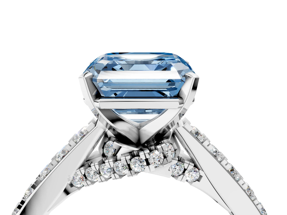 Fancy Blue Asscher Cut Diamond Solitaire Ring in White gold with Crossover Gallery and Round Pavé Band_4