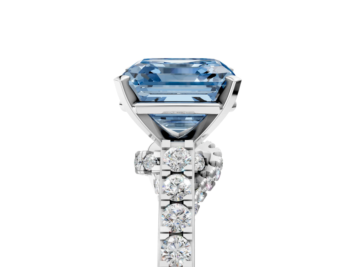 Fancy Blue Asscher Cut Diamond Solitaire Ring in White gold with Crossover Gallery and Round Pavé Band_5