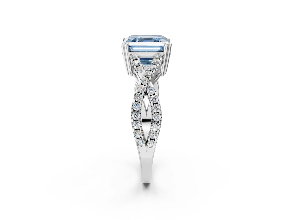 Fancy Blue Asscher Cut Diamond Solitaire Ring in White gold with Interwoven Pavé Band and Prong Setting_2