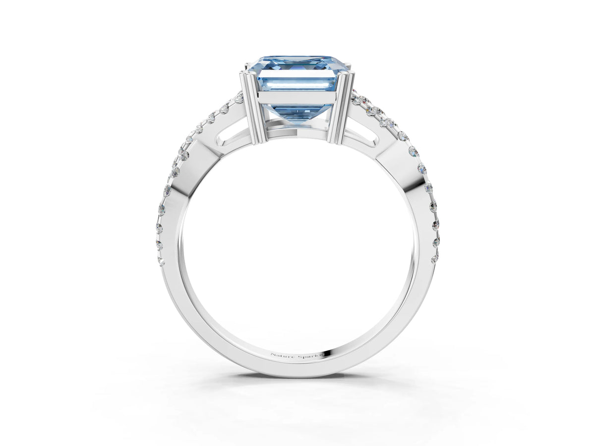 Fancy Blue Asscher Cut Diamond Solitaire Ring in White gold with Interwoven Pavé Band and Prong Setting_3