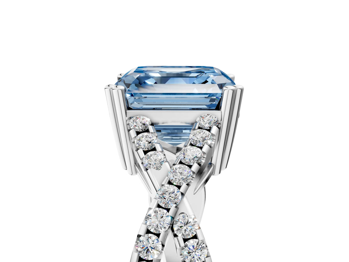 Fancy Blue Asscher Cut Diamond Solitaire Ring in White gold with Interwoven Pavé Band and Prong Setting_5