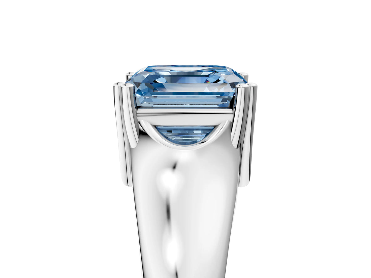 Fancy Blue Asscher Cut Diamond Solitaire Ring in White gold with Smooth Wide Band and Prong Setting_5