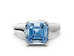 Fancy Blue Asscher Cut Diamond Solitaire Ring in White gold with Smooth Wide Band and Prong Setting