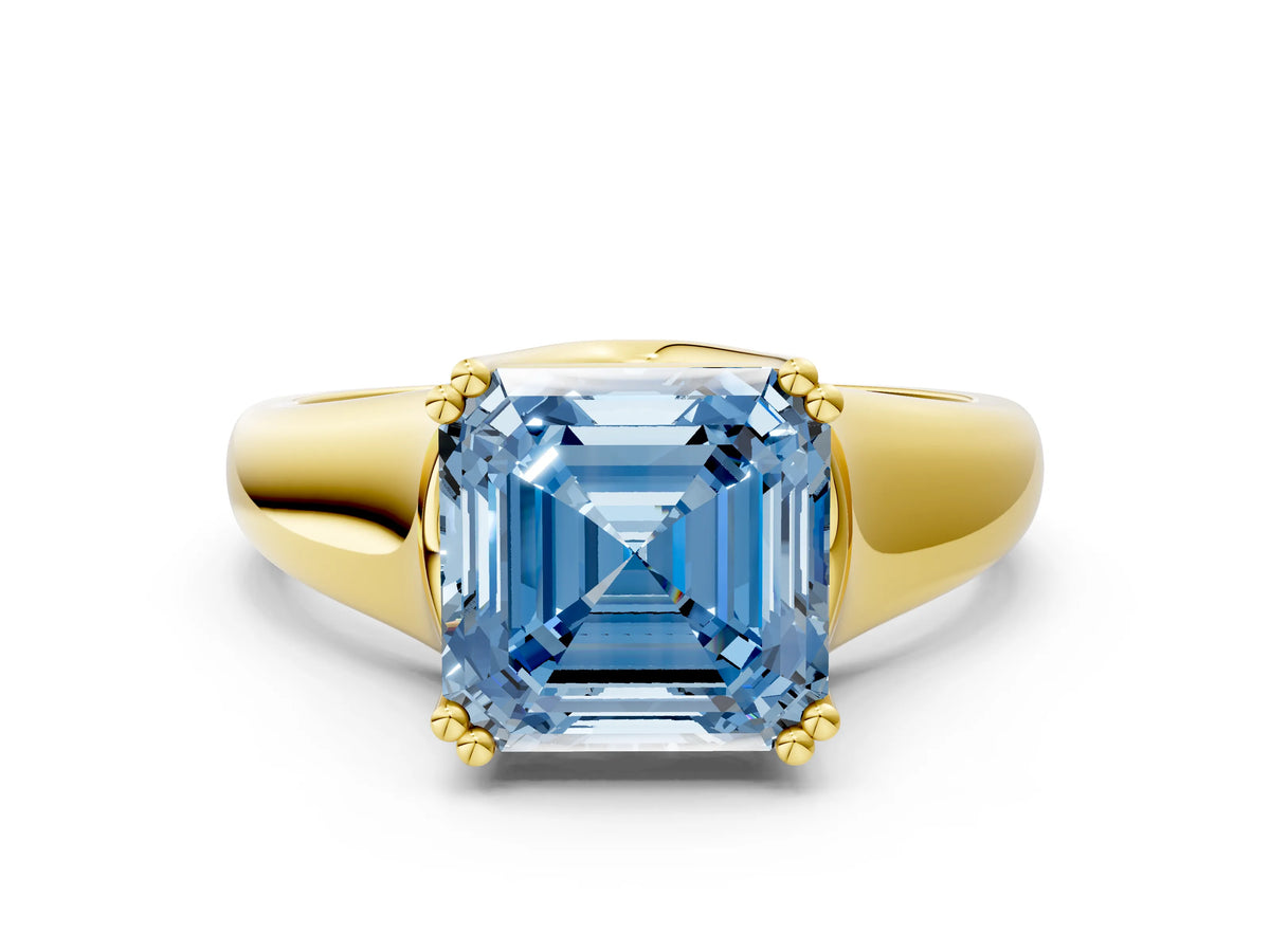 Fancy Blue Asscher Cut Diamond Solitaire Ring in Yellow gold with Smooth Wide Band and Prong Setting