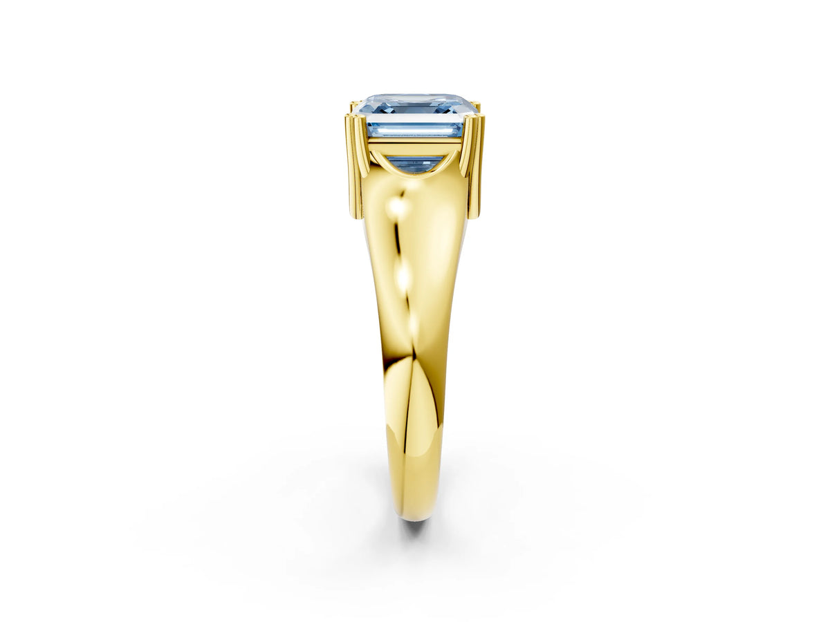 Fancy Blue Asscher Cut Diamond Solitaire Ring in Yellow gold with Smooth Wide Band and Prong Setting_2