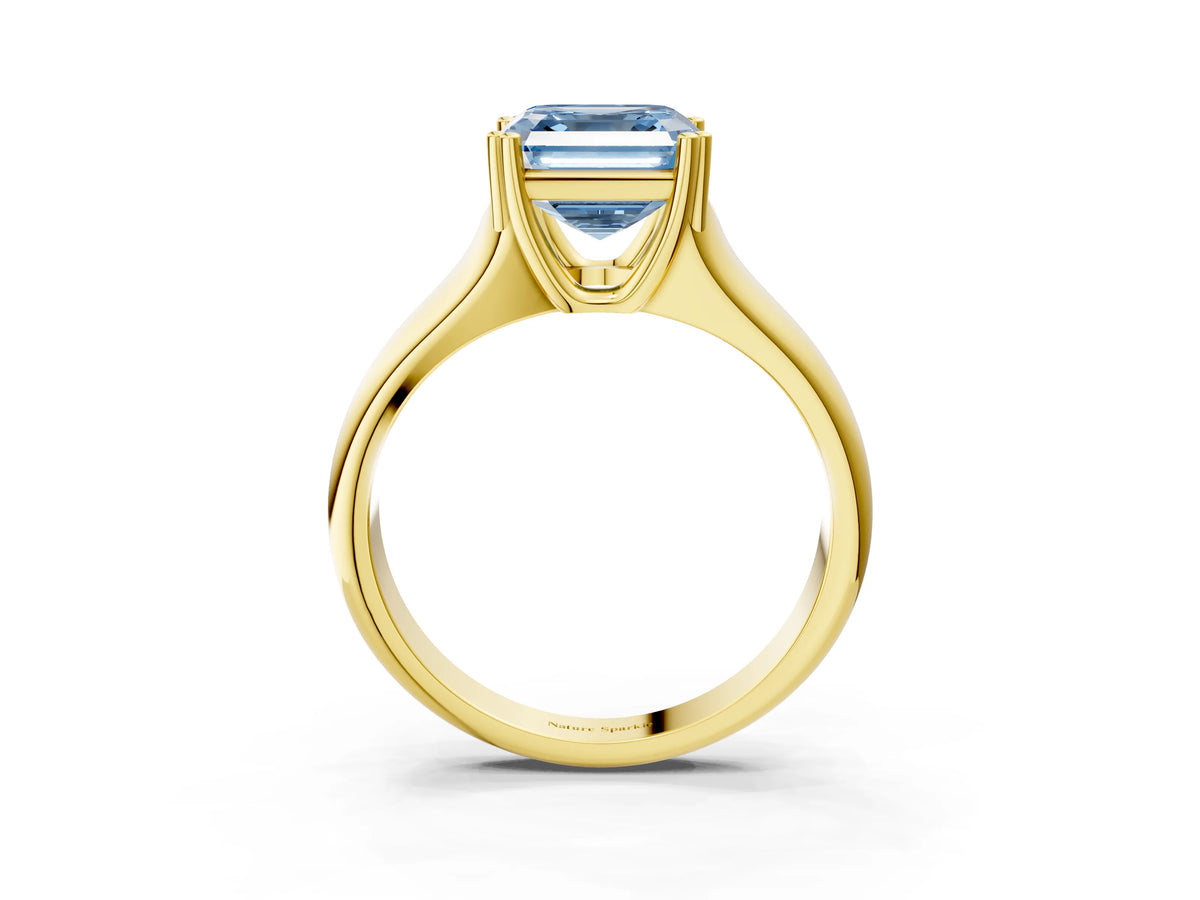 Fancy Blue Asscher Cut Diamond Solitaire Ring in Yellow gold with Smooth Wide Band and Prong Setting_3