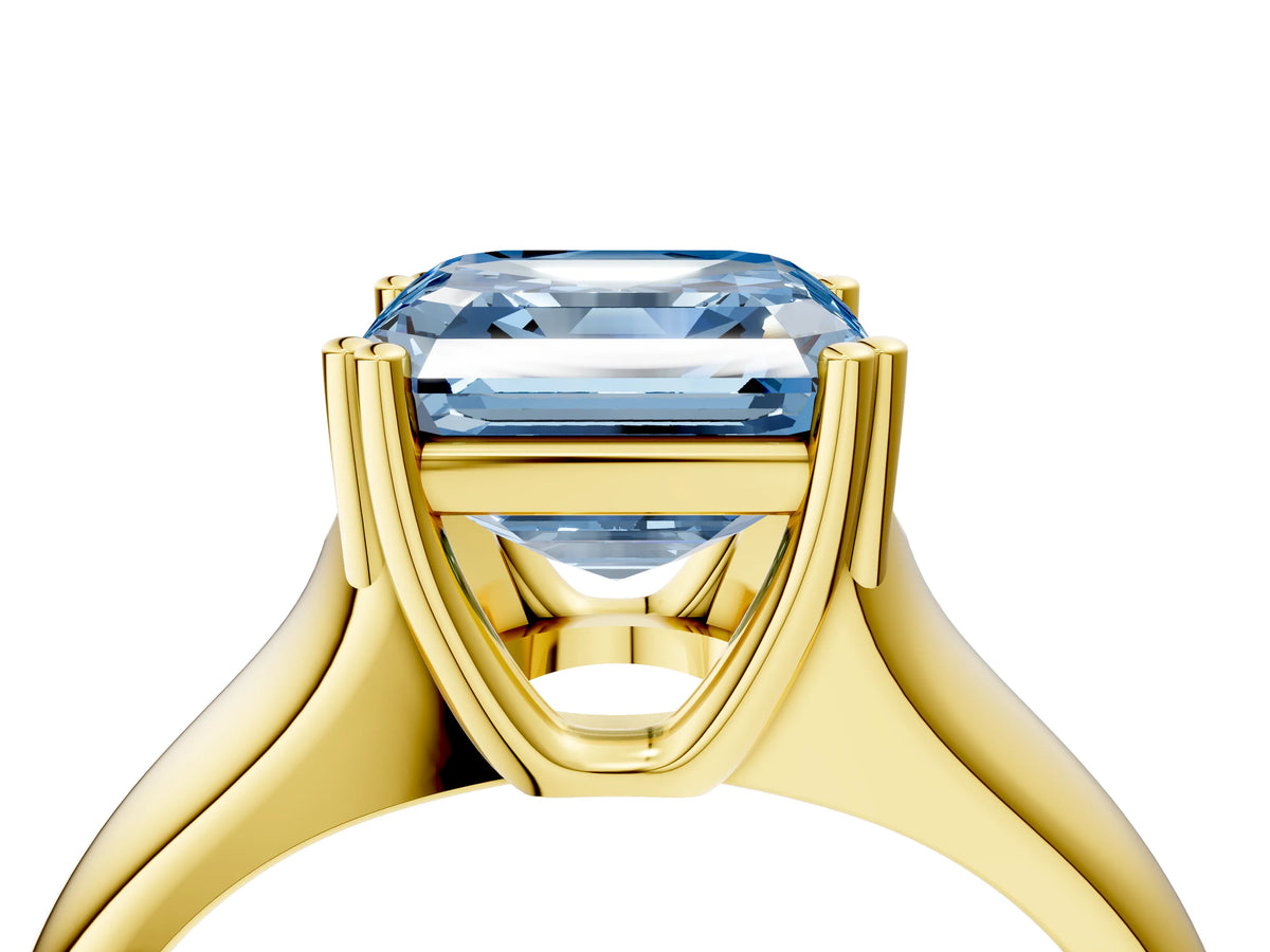Fancy Blue Asscher Cut Diamond Solitaire Ring in Yellow gold with Smooth Wide Band and Prong Setting_4