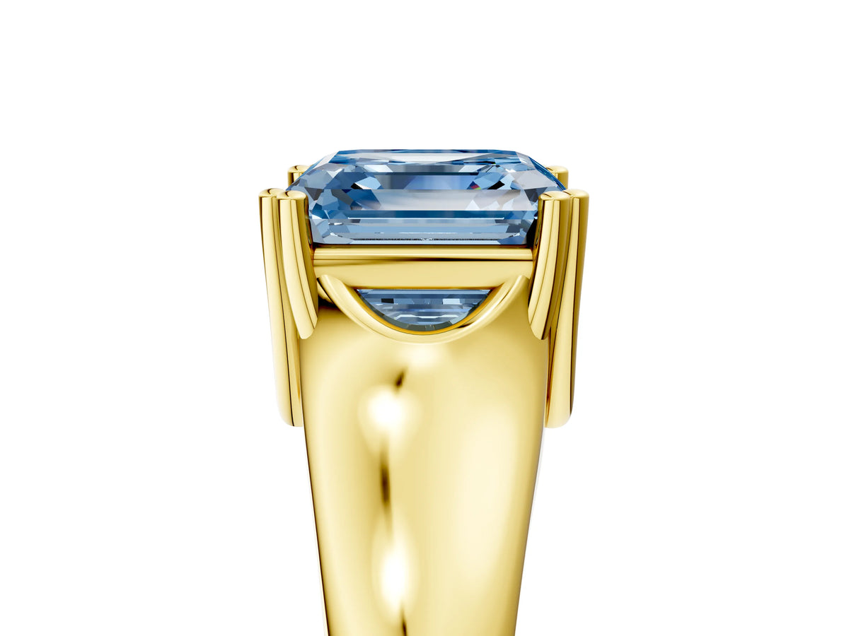Fancy Blue Asscher Cut Diamond Solitaire Ring in Yellow gold with Smooth Wide Band and Prong Setting_5