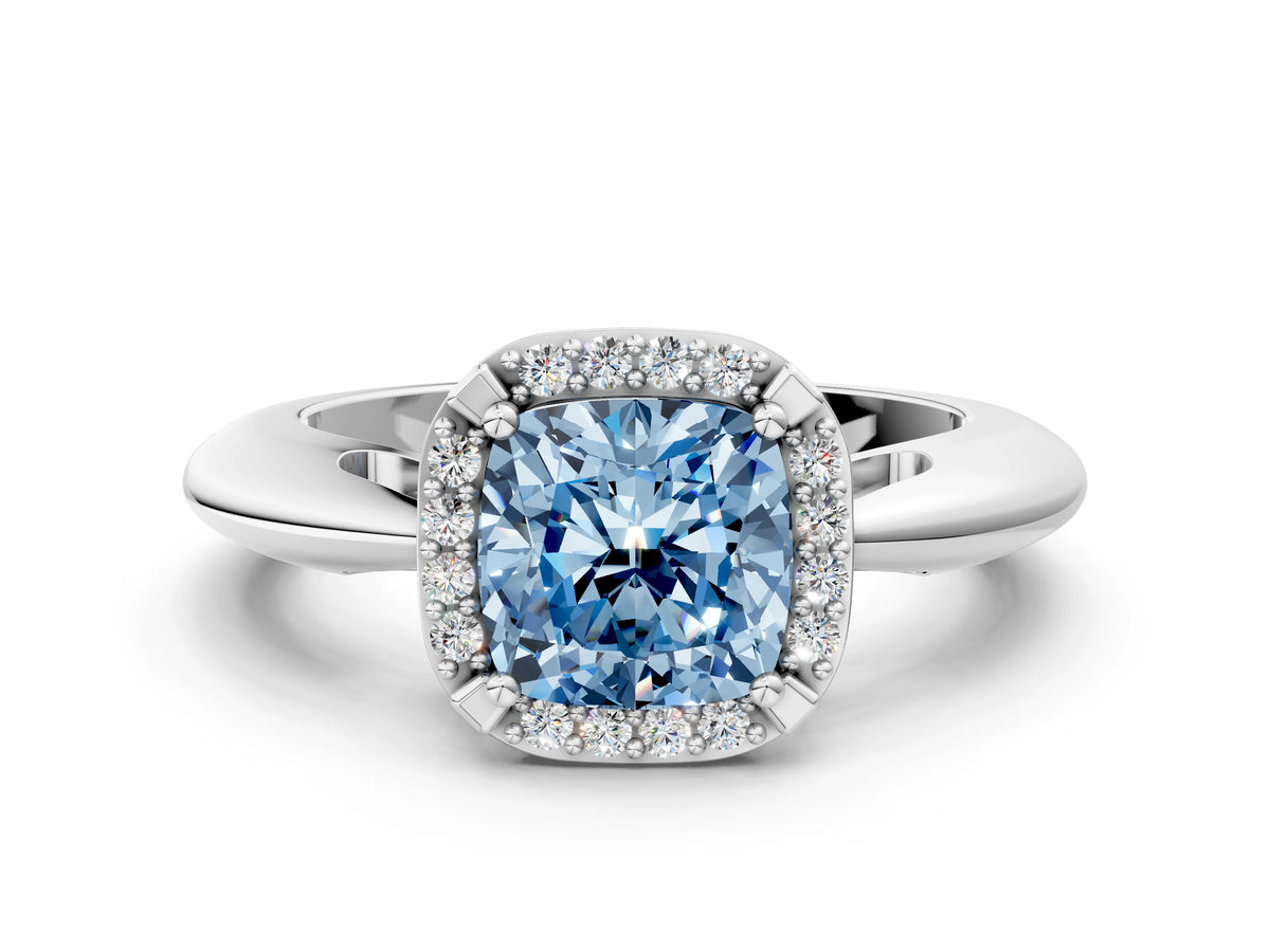 Fancy Blue Cushion Cut Diamond Halo Engagement Ring in Platinum with Plain Split Shank and Prong Setting_12