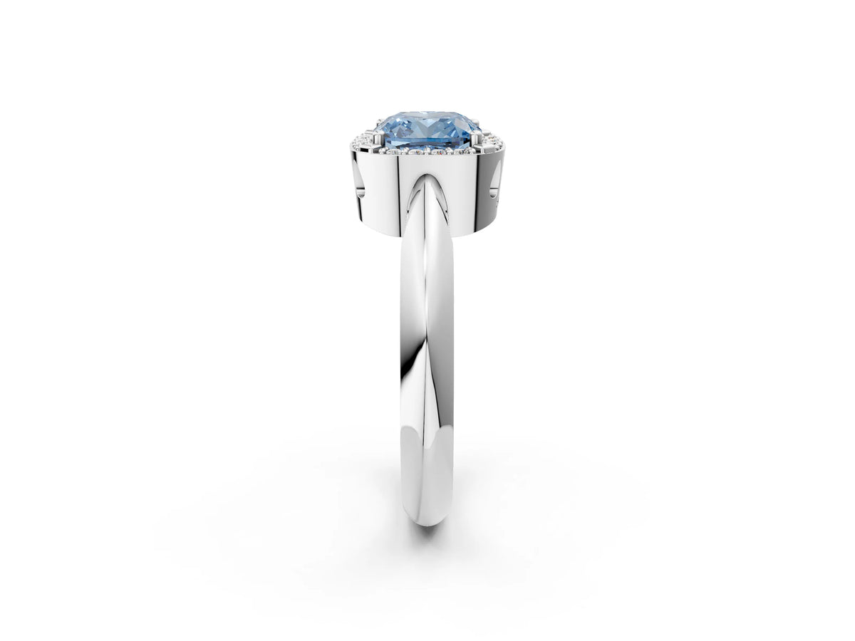 Fancy Blue Cushion Cut Diamond Halo Engagement Ring in Platinum with Plain Split Shank and Prong Setting_14