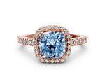 Fancy Blue Cushion Cut Diamond Halo Engagement Ring in Rose gold with Milgrain Detail and Pavé Band