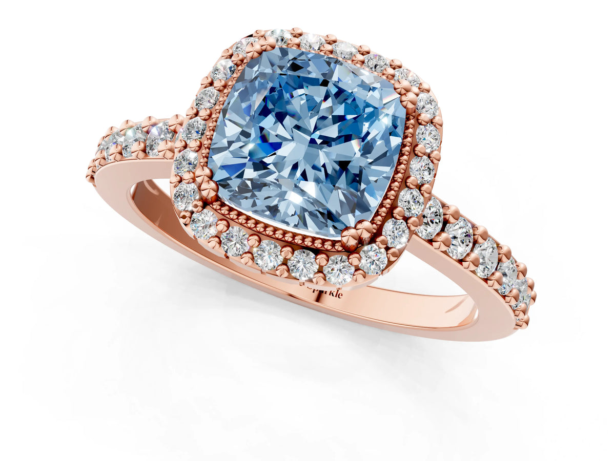 Fancy Blue Cushion Cut Diamond Halo Engagement Ring in Rose gold with Milgrain Detail and Pavé Band_1
