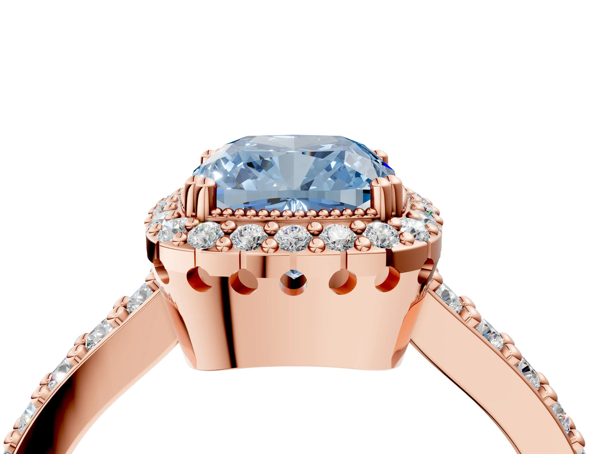 Fancy Blue Cushion Cut Diamond Halo Engagement Ring in Rose gold with Milgrain Detail and Pavé Band_4