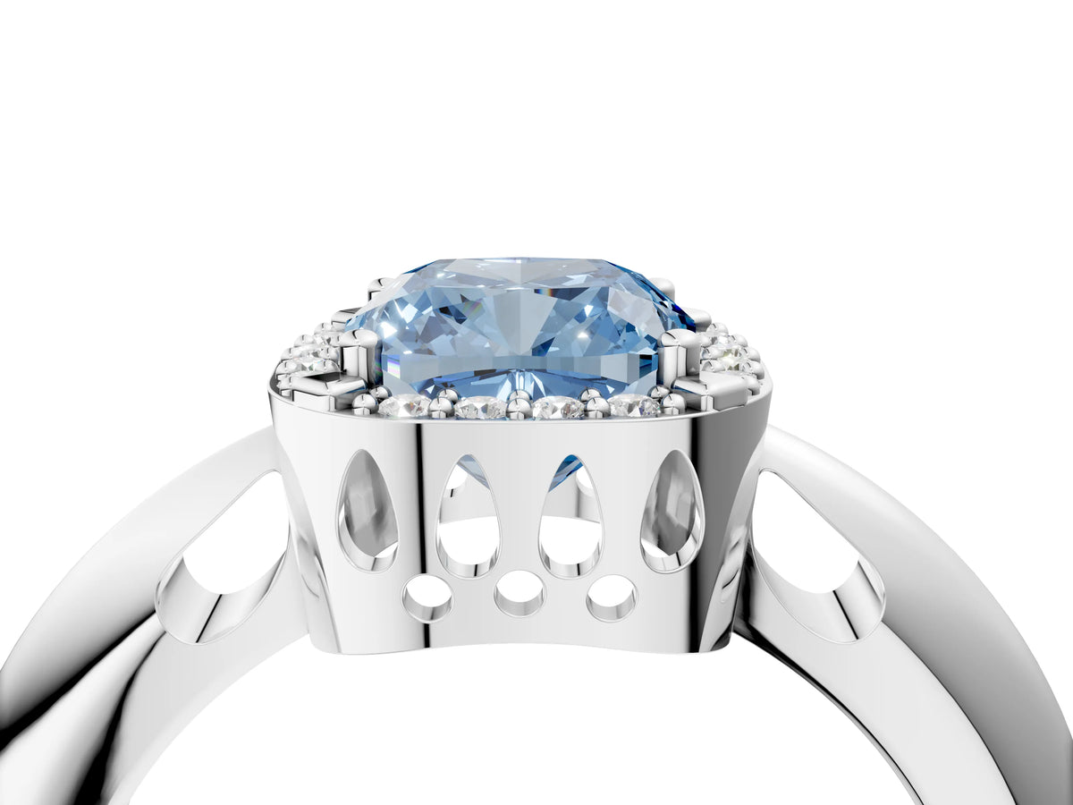 Fancy Blue Cushion Cut Diamond Halo Engagement Ring in Silver with Plain Split Shank and Prong Setting_16