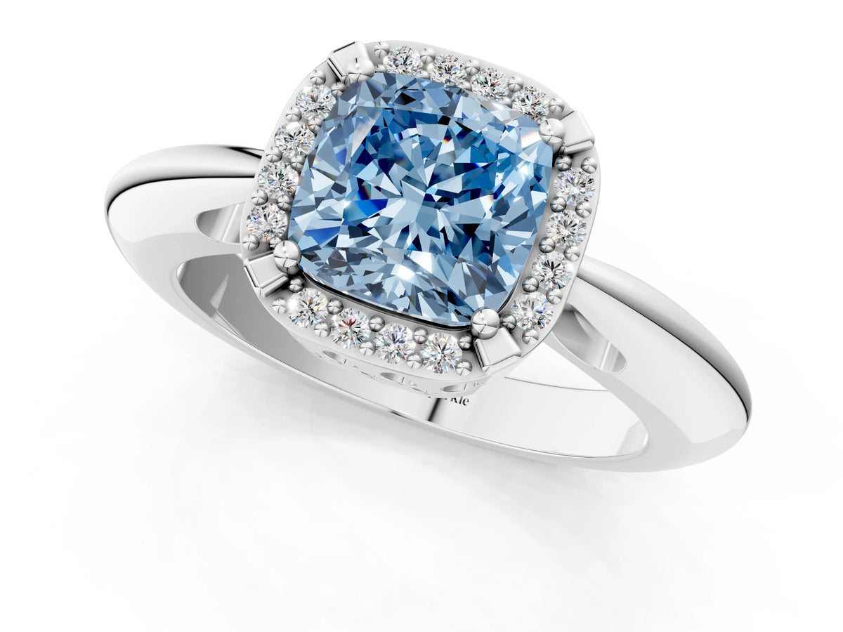 Fancy Blue Cushion Cut Diamond Halo Engagement Ring in White gold with Plain Split Shank and Prong Setting_1