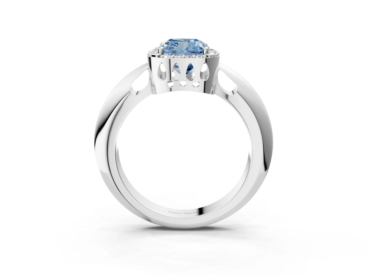 Fancy Blue Cushion Cut Diamond Halo Engagement Ring in White gold with Plain Split Shank and Prong Setting_3