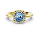 Fancy Blue Cushion Cut Diamond Halo Engagement Ring in Yellow gold with Plain Split Shank and Prong Setting