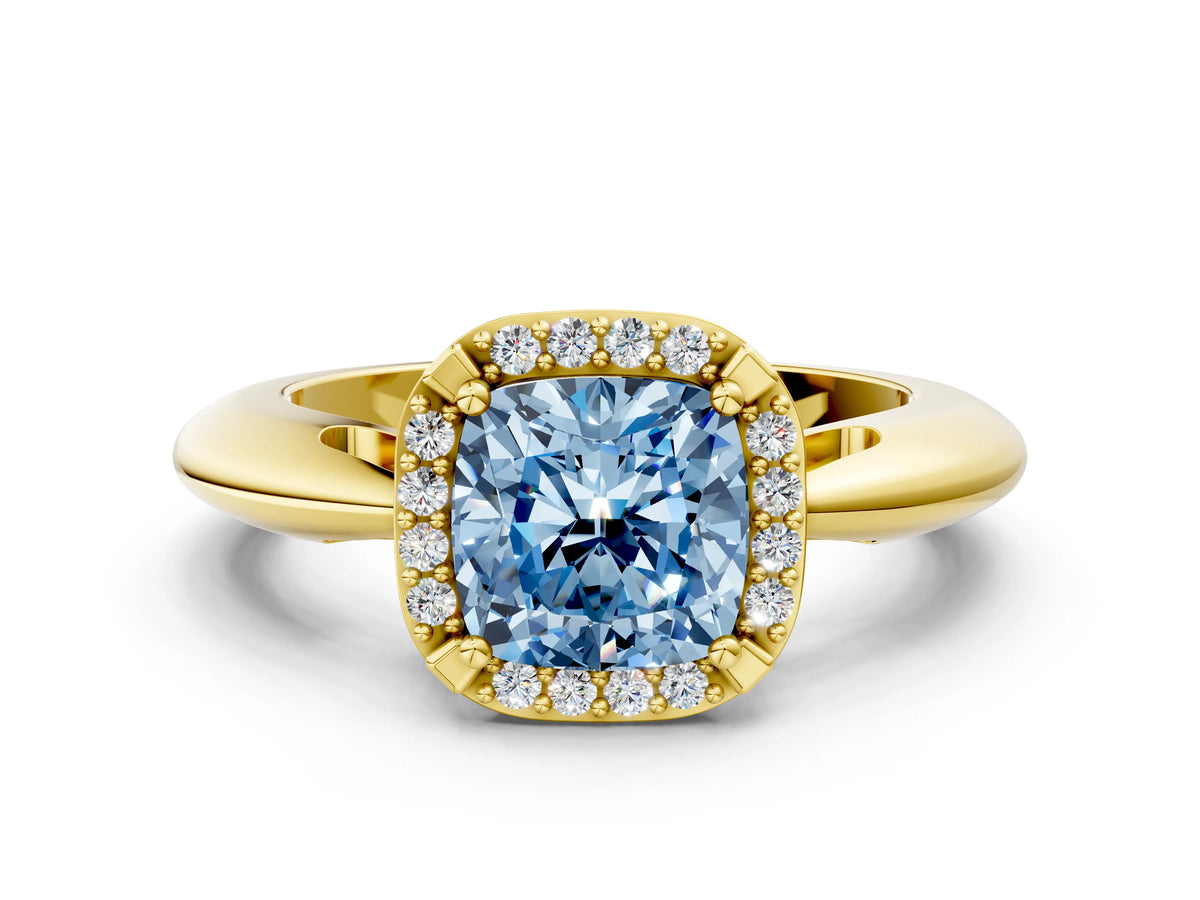 Fancy Blue Cushion Cut Diamond Halo Engagement Ring in Yellow gold with Plain Split Shank and Prong Setting